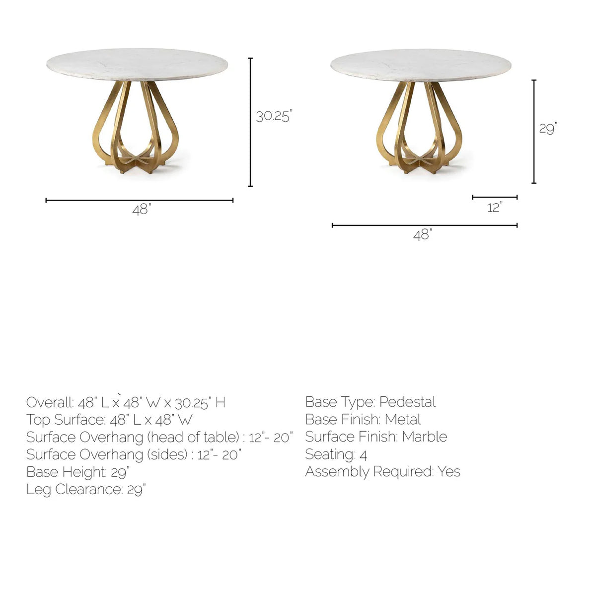 Laurent Dining Table White Marble | Gold Metal